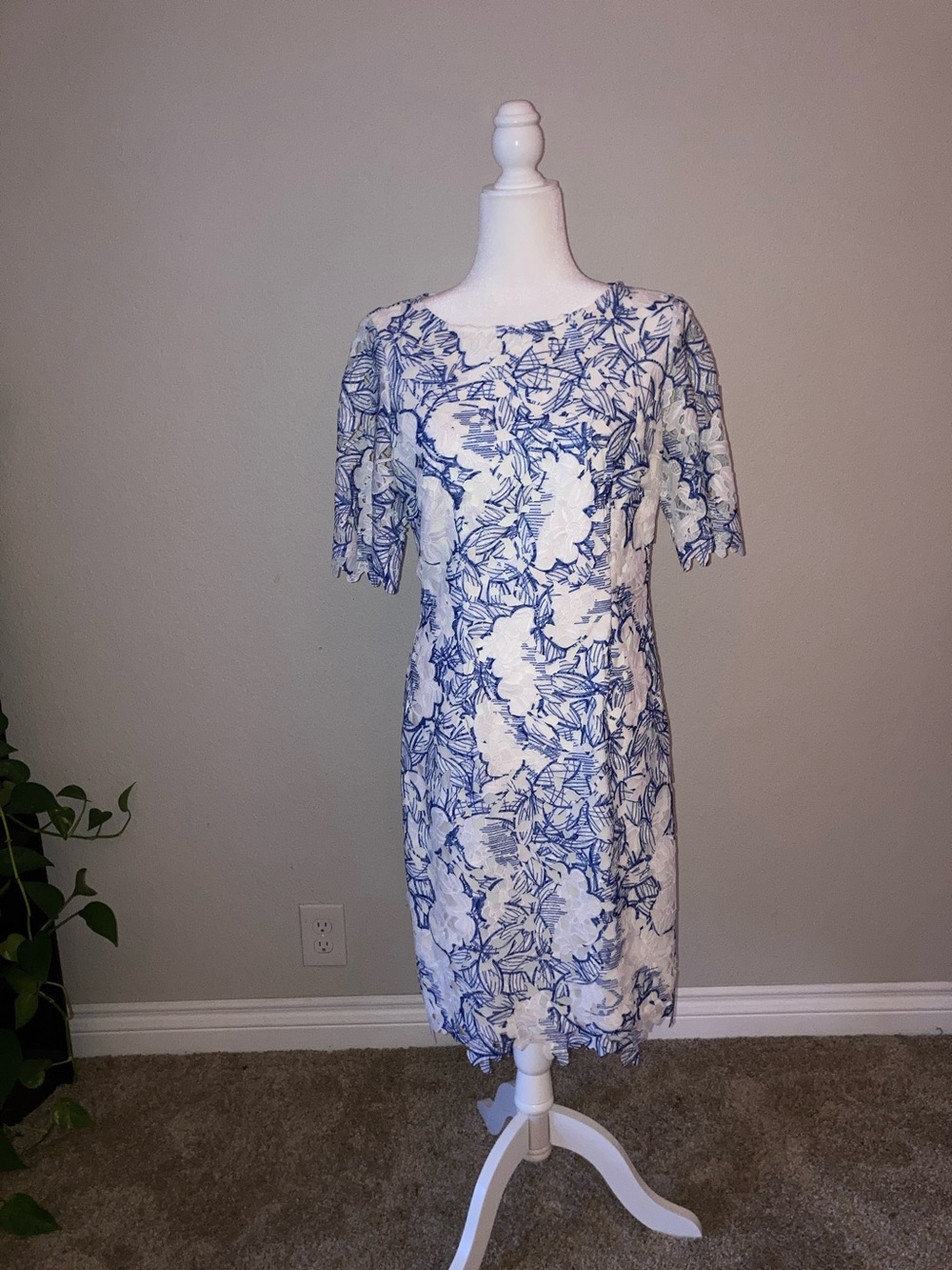 Tahari Blue and White Floral Lace Midi Dress